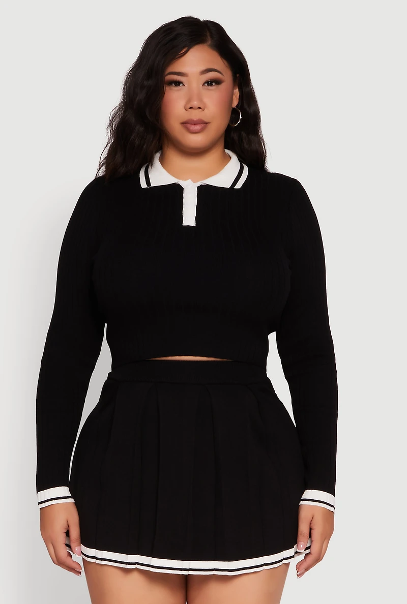 Plus Ribbed Knit Crop Varsity Stripe Sweater