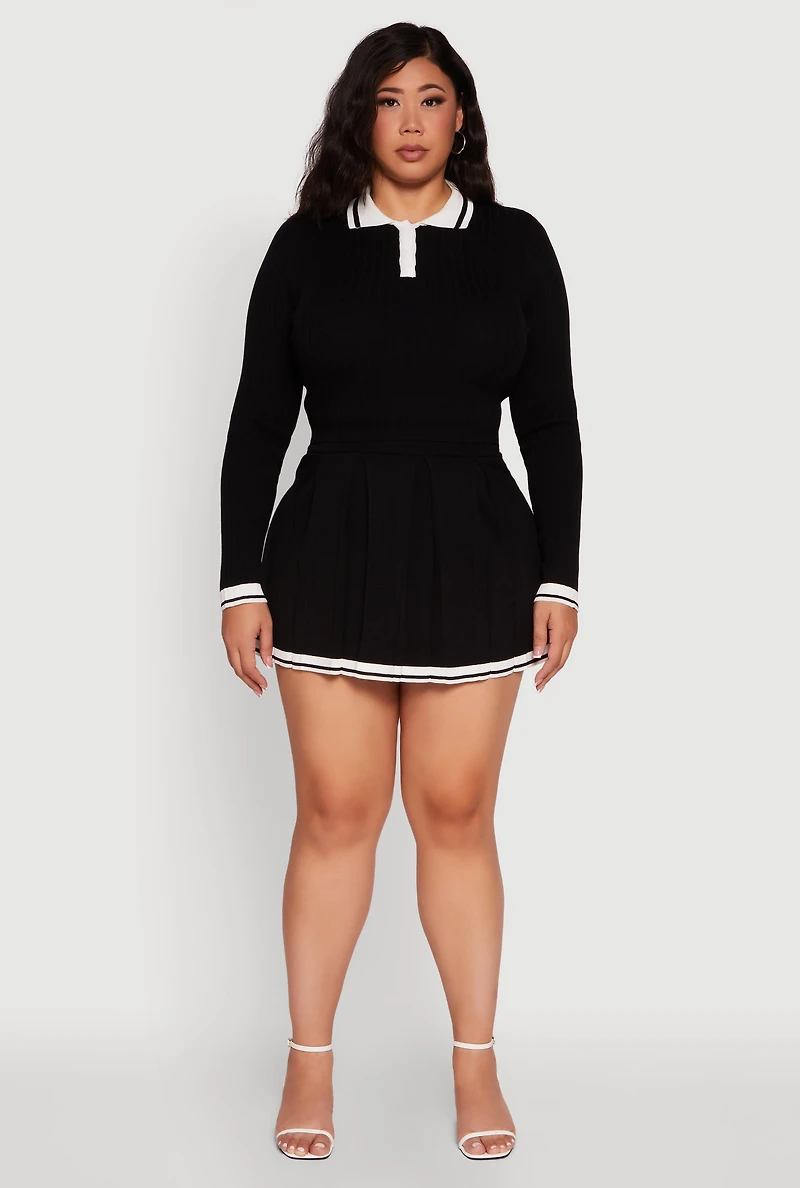 Womens Plus Size Ribbed Knit Crop Varsity Stripe Sweater, Black, Size 3X