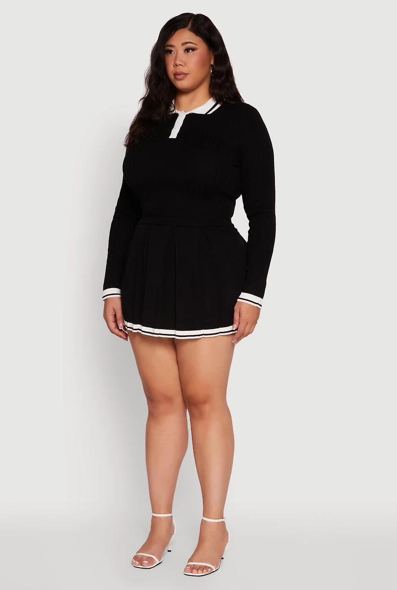 Womens Plus Size Ribbed Knit Crop Varsity Stripe Sweater, Black, Size 3X