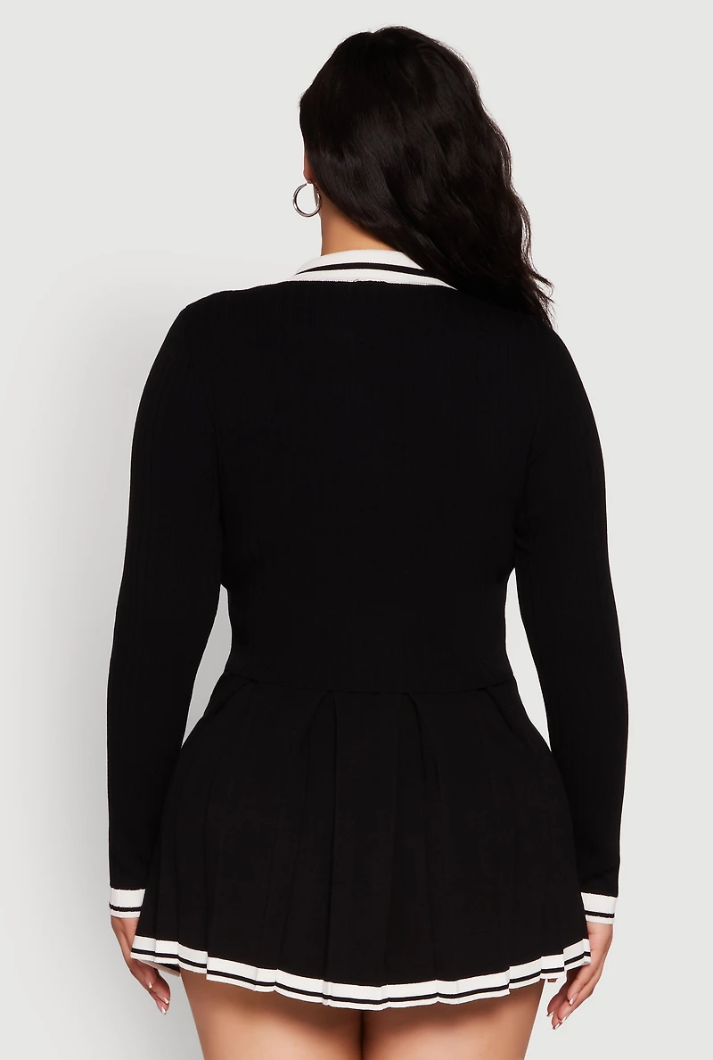 Womens Plus Size Ribbed Knit Crop Varsity Stripe Sweater, Black, Size 3X