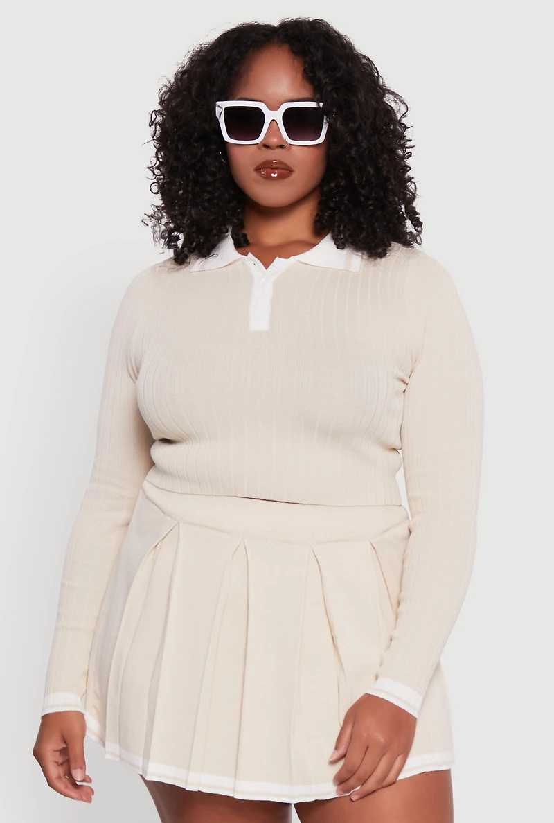 Womens Plus Ribbed Knit Crop Varsity Stripe Sweater,