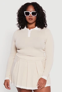 Womens Plus Ribbed Knit Crop Varsity Stripe Sweater,