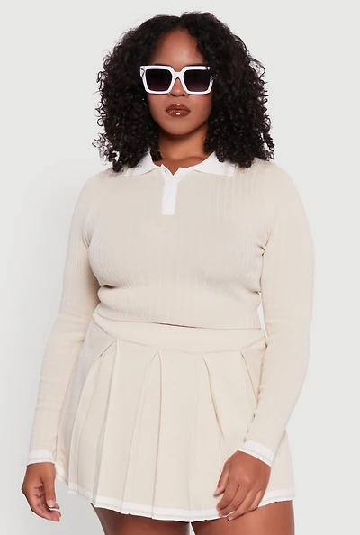 Womens Plus Ribbed Knit Crop Varsity Stripe Sweater,