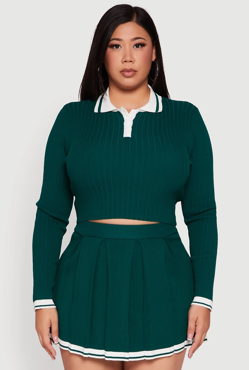 Plus Ribbed Knit Crop Varsity Stripe Sweater