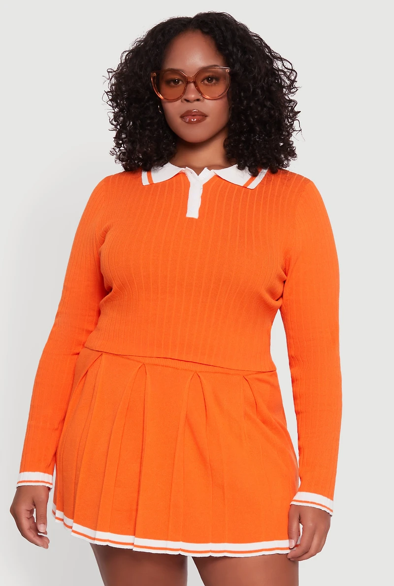 Plus Ribbed Knit Crop Varsity Stripe Sweater