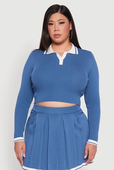 Womens Plus Ribbed Knit Crop Varsity Stripe Sweater, Blue,
