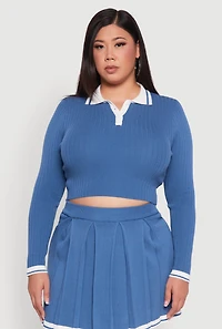 Womens Plus Ribbed Knit Crop Varsity Stripe Sweater, Blue,