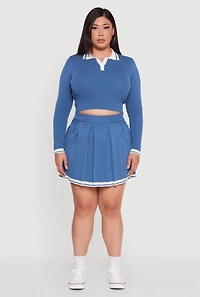 Womens Plus Ribbed Knit Crop Varsity Stripe Sweater, Blue,