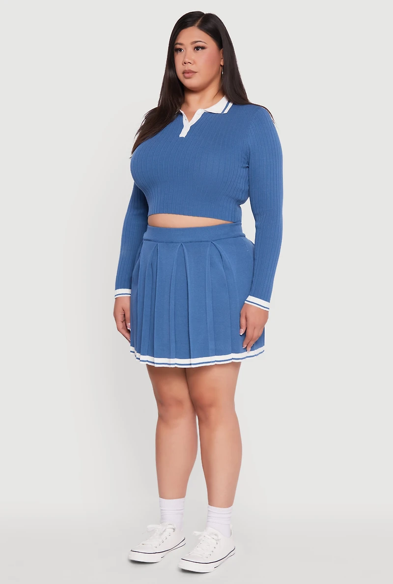 Womens Plus Ribbed Knit Crop Varsity Stripe Sweater, Blue,