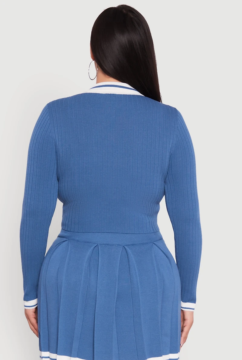Womens Plus Ribbed Knit Crop Varsity Stripe Sweater, 2X