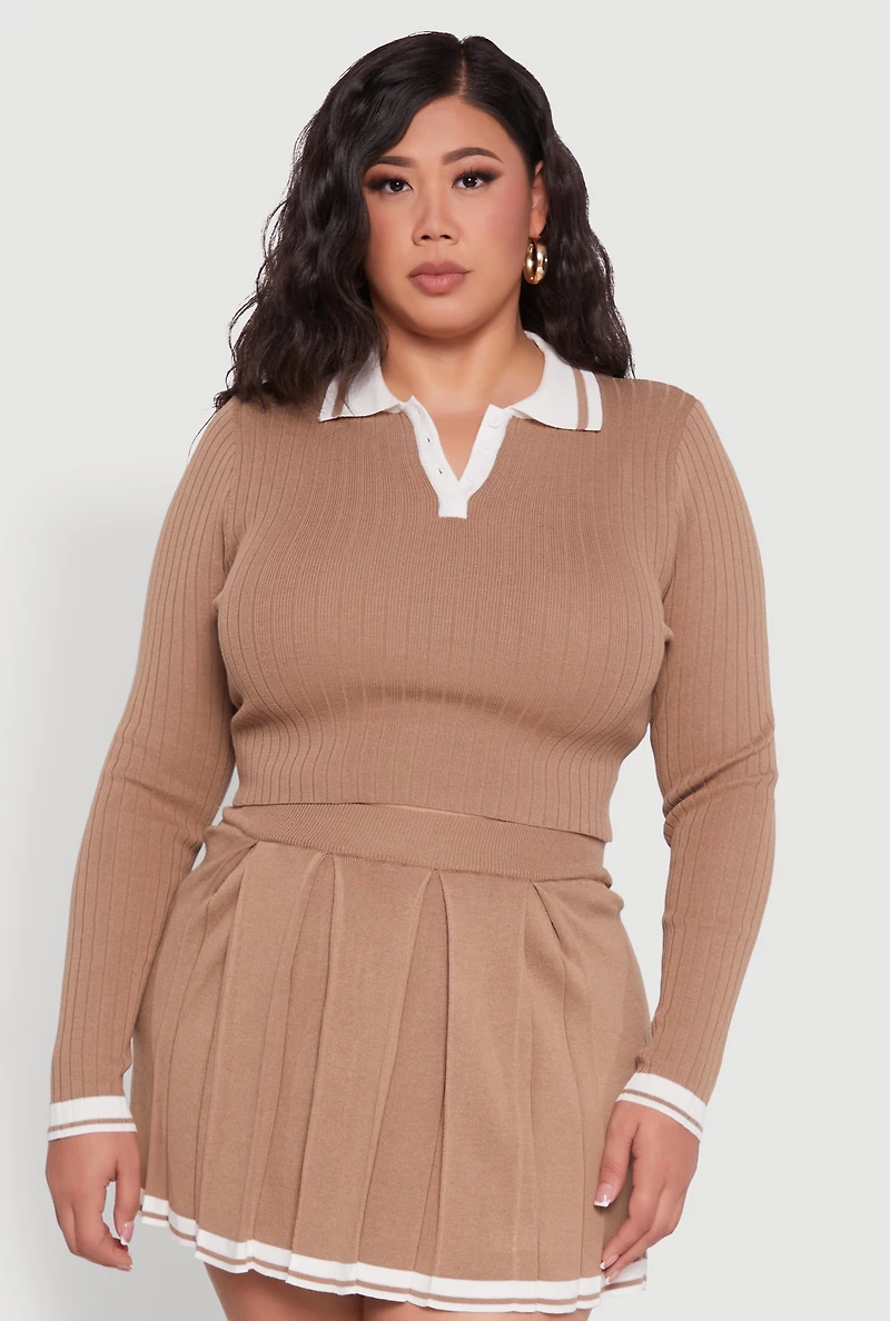 Plus Ribbed Knit Crop Varsity Stripe Sweater