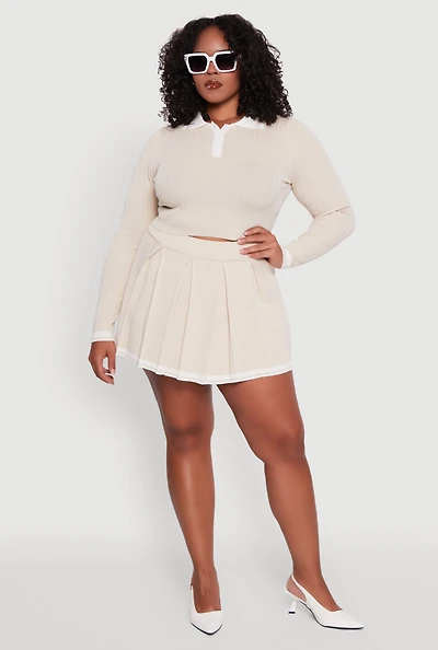 Womens Plus High Waisted Varsity Stripe Pleated Skort,