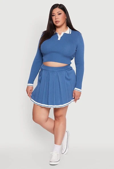 Womens Plus High Waisted Varsity Stripe Pleated Skort,