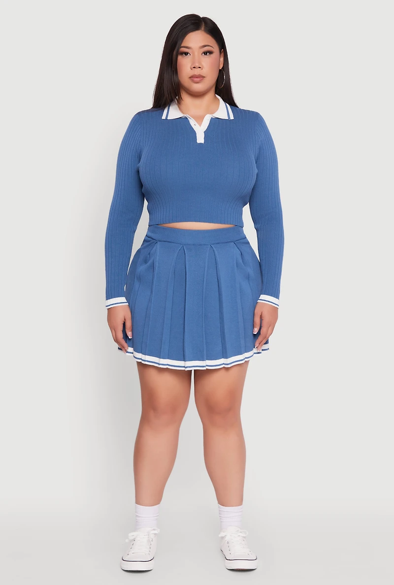 Womens Plus High Waisted Varsity Stripe Pleated Skort, Blue,