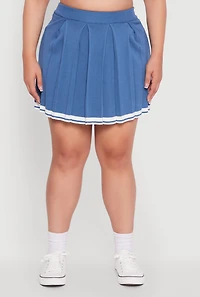 Womens Plus High Waisted Varsity Stripe Pleated Skort, Blue,