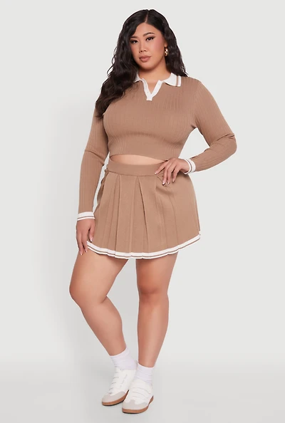 Womens Plus High Waisted Varsity Stripe Pleated Skort,