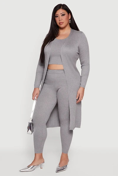 Plus Ribbed Knit Open Front Duster