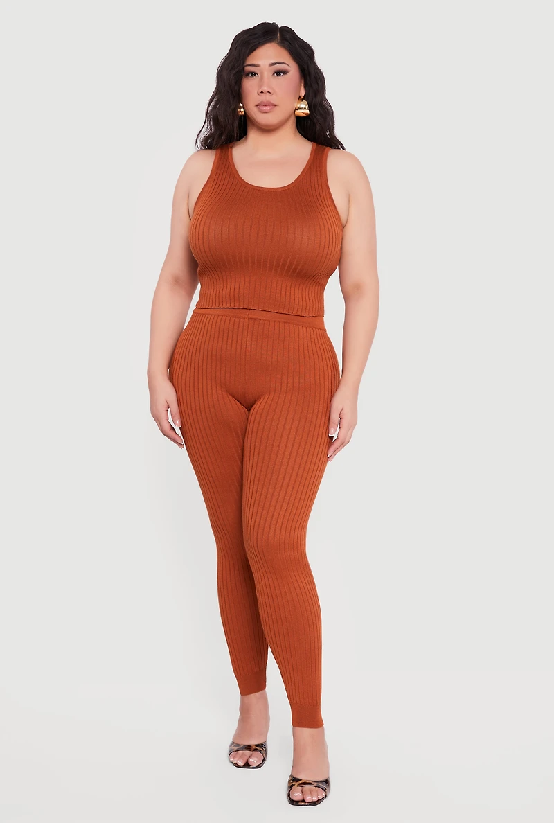 Plus High Waisted Ribbed Knit Leggings