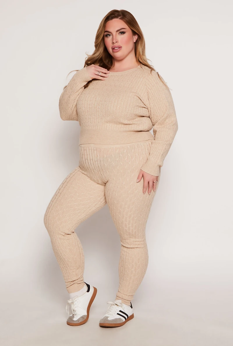 Womens Plus Cable Knit Wide Waist Leggings,