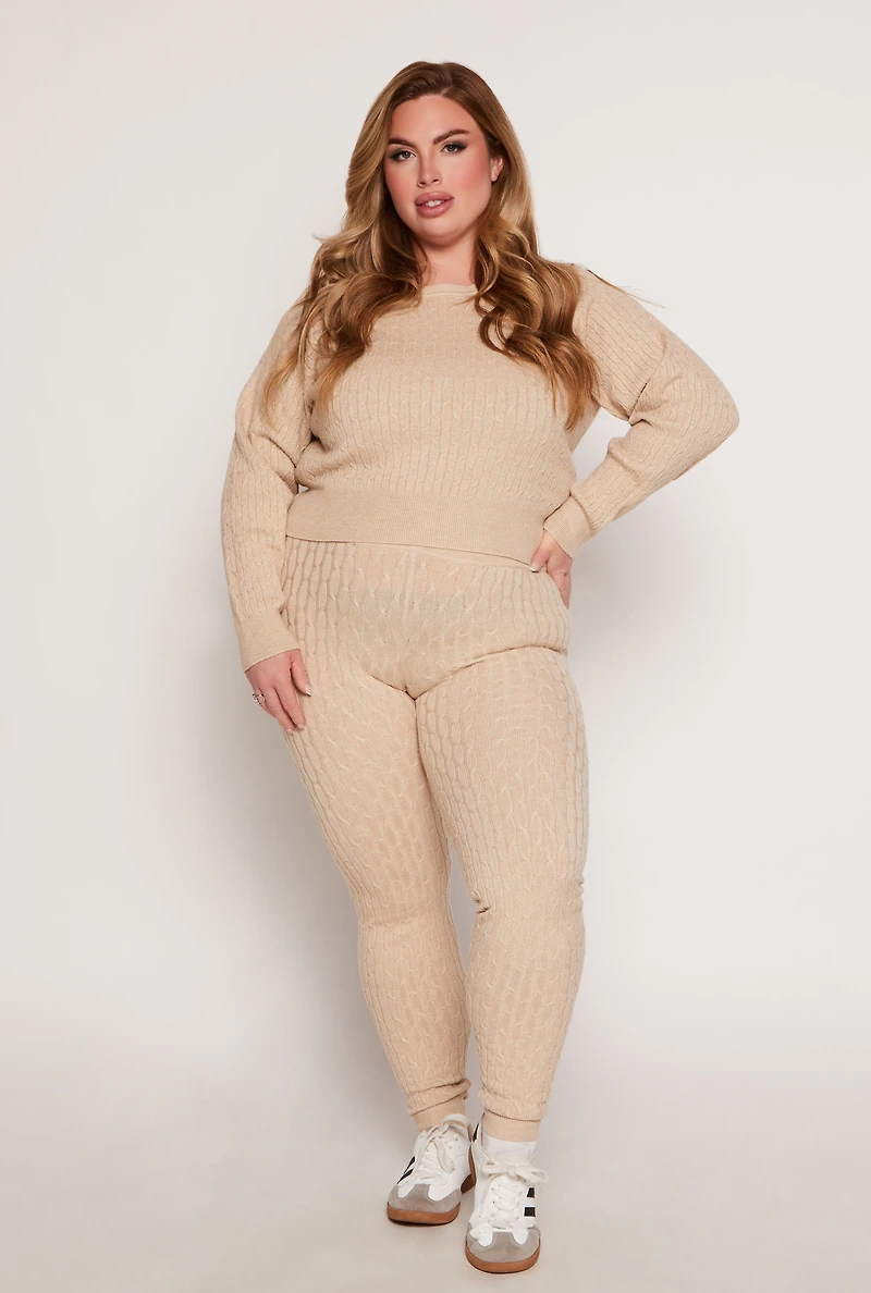 Womens Plus Size Daisy Cable Knit Sweater, Beige, Size 3X
