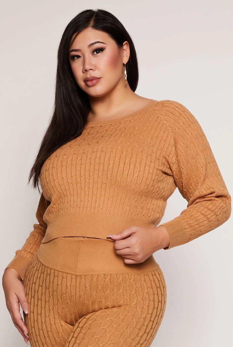 Womens Plus Size Daisy Cable Knit Sweater, Brown, Size 1X