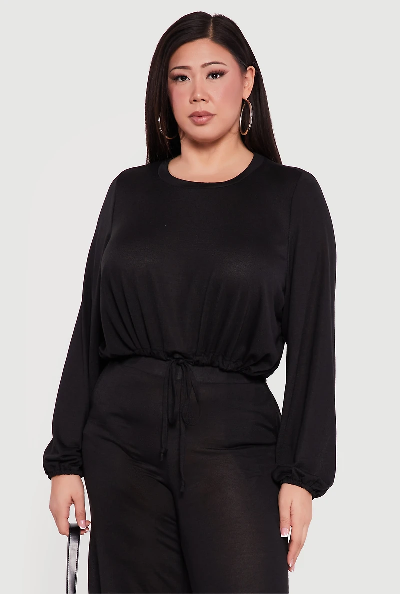 Plus Drawstring Hem Long Sleeve Crop Top