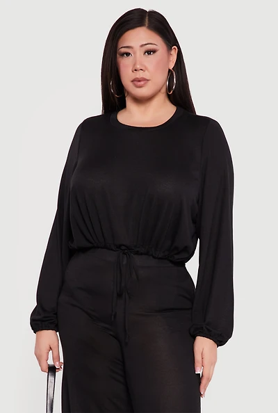 Plus Drawstring Hem Long Sleeve Crop Top