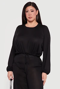 Plus Drawstring Hem Long Sleeve Crop Top