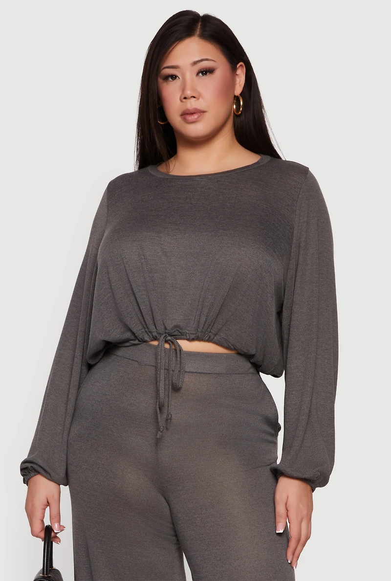 Plus Drawstring Hem Long Sleeve Crop Top