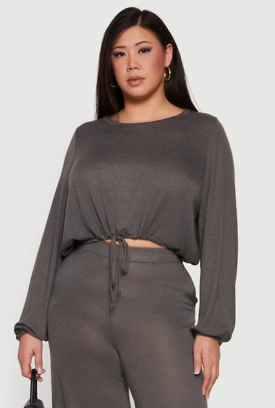 Plus Drawstring Hem Long Sleeve Crop Top