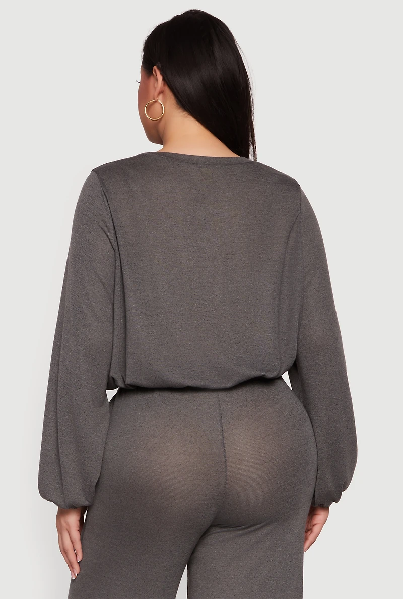 Plus Drawstring Hem Long Sleeve Crop Top