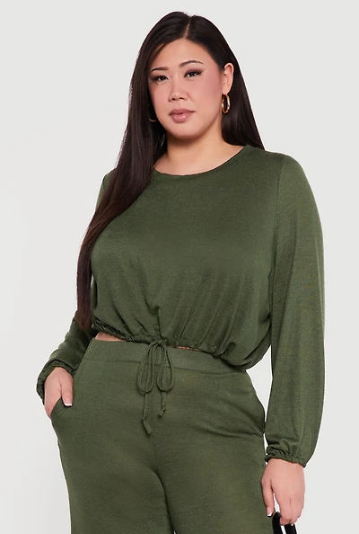 Plus Drawstring Hem Long Sleeve Crop Top