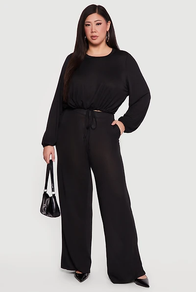 Plus High Waisted Wide Leg Brushed Knit Pants