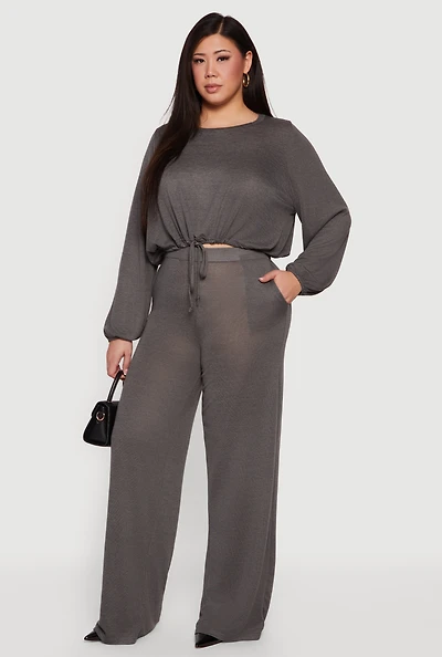 Plus High Waisted Wide Leg Brushed Knit Pants