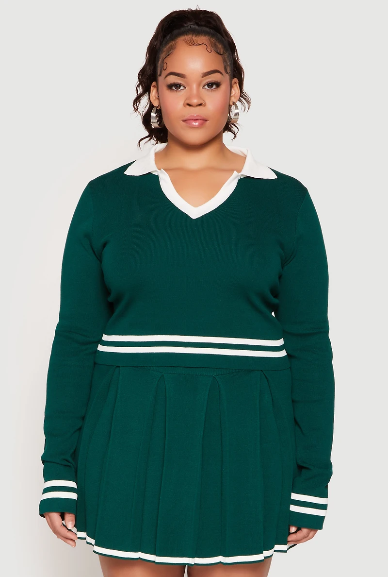 Womens Plus Size Daisy Varsity Stripe Detail Cropped Sweater, Green, Size 1X