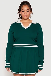 Womens Plus Size Daisy Varsity Stripe Detail Cropped Sweater, Green, Size 1X
