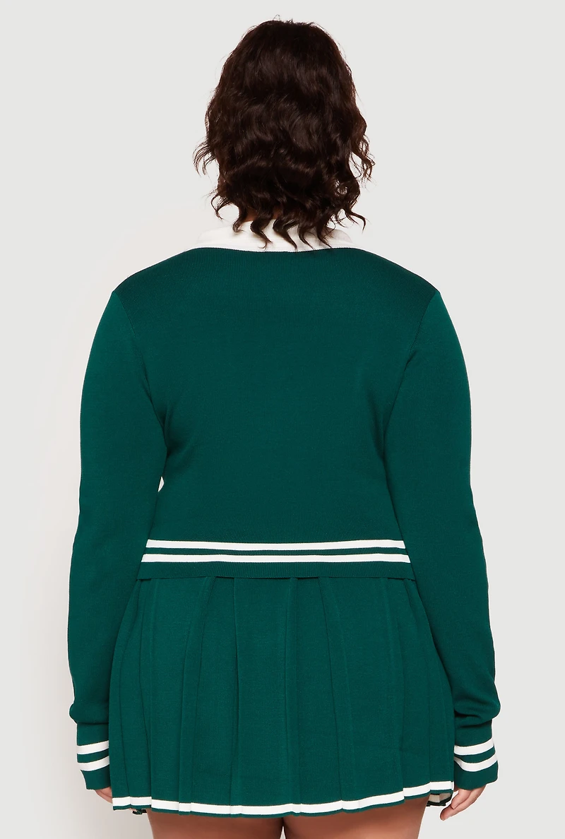 Womens Plus Size Daisy Varsity Stripe Detail Cropped Sweater, Green, Size 1X