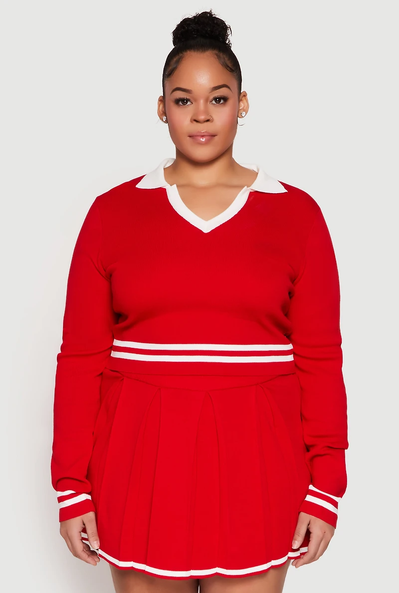 Womens Plus Daisy Varsity Stripe Detail Cropped Sweater, Red,