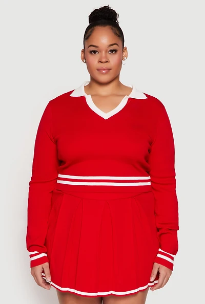 Womens Plus Daisy Varsity Stripe Detail Cropped Sweater, Red,