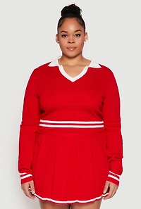 Womens Plus Daisy Varsity Stripe Detail Cropped Sweater, Red,