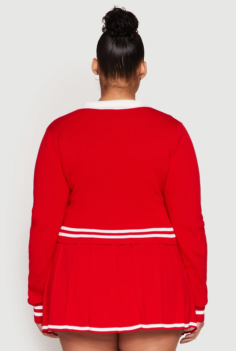 Womens Plus Daisy Varsity Stripe Detail Cropped Sweater, Red,
