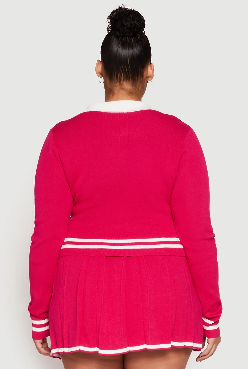 Womens Plus Size Daisy Varsity Stripe Detail Cropped Sweater, Pink, Size 3X