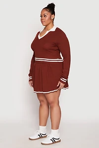 Womens Plus Size Daisy Varsity Stripe Detail Cropped Sweater, Brown, Size 1X