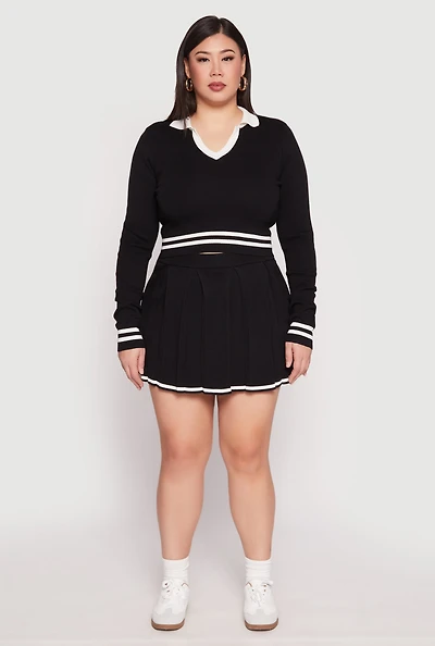 Womens Plus Daisy Contrast Trim Pleated Tennis Skirt,