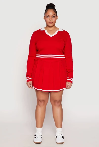 Womens Plus Size Daisy Contrast Trim Pleated Tennis Skirt, Red, Size 3X