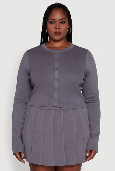 Womens Plus Classic Fit Solid Button Front Cardigan, Grey,