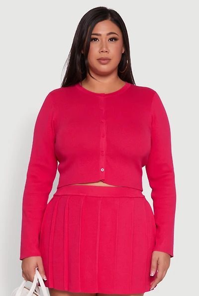 Womens Plus Classic Fit Solid Button Front Cardigan, Pink,