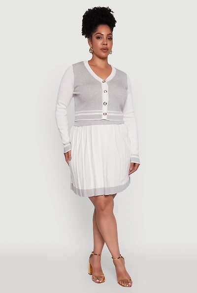 Womens Plus Size Color Blocked Pleated Midi Skirt, White, Size 3X