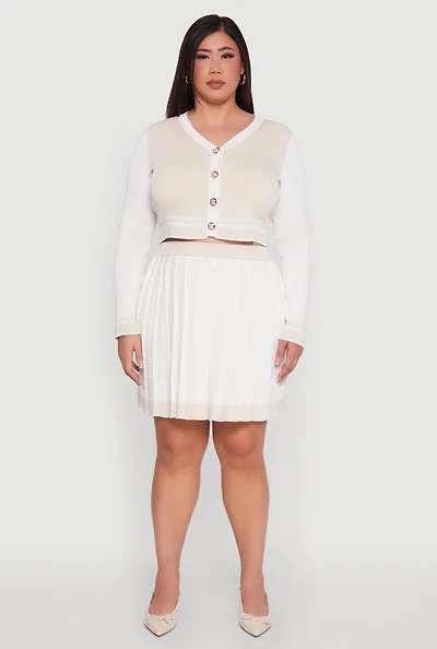 Womens Plus Color Blocked Pleated Midi Skirt, White,