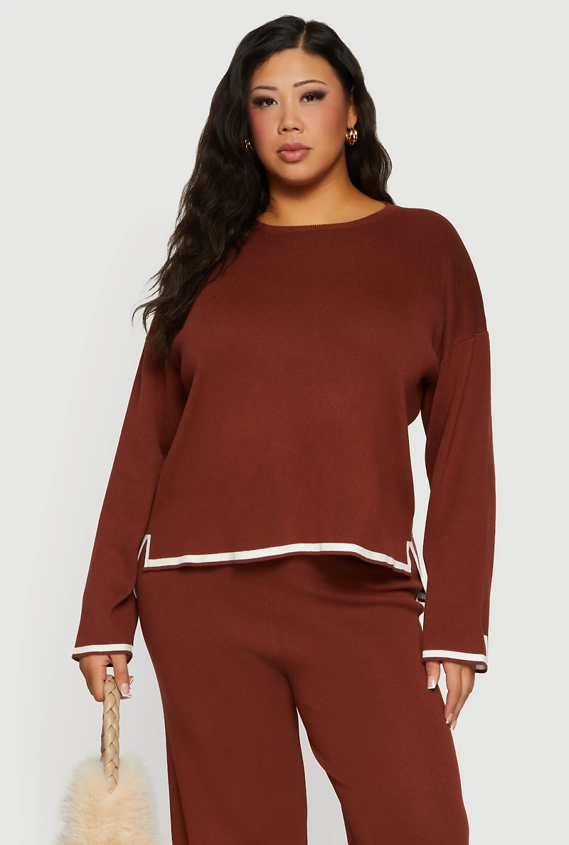 Plus Long Sleeve Contrast Trim Sweater